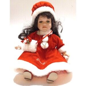 Porcelain Doll Red Dress December Birthday Hat Faux Fur Muff Brunette Blue Eyes